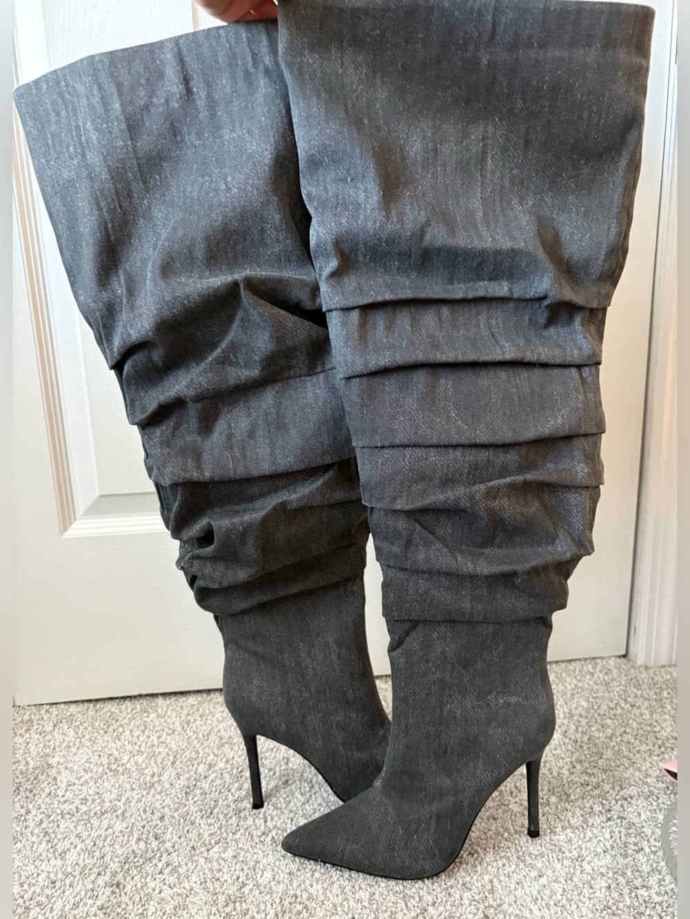 JustFab Gray Slouchy Pointed-Toe Over-the-Knee Stiletto Boots